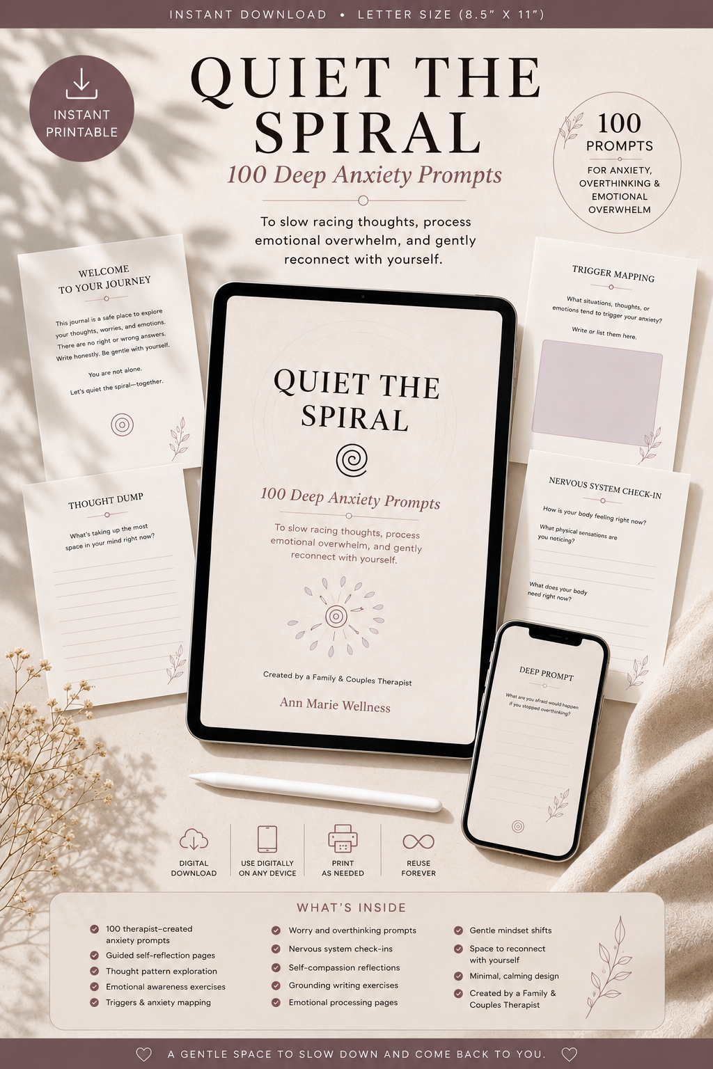Quiet The Spiral — 100 Deep Anxiety Prompts